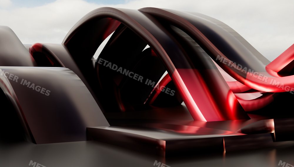 Close-up view of curved black and red metallic tubes