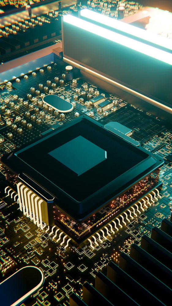 Microprocessor chip centrally mounted on a printed circuit board with multiple electronic components and illuminated pathways in a detailed digital illustration.