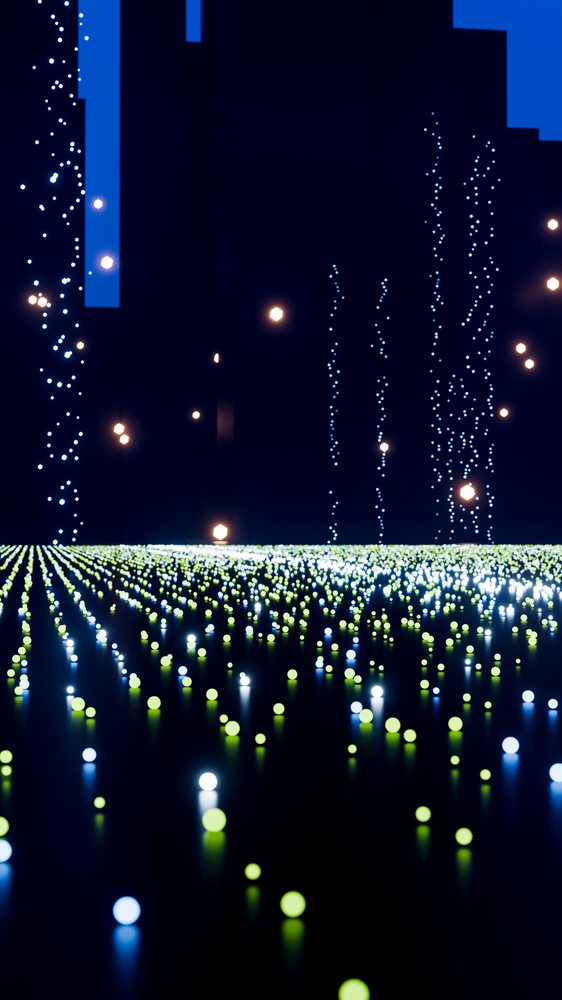 Glowing blue and green digital sphere lights arranged in a patterned installation in a dark room, creating a modern art ambiance.