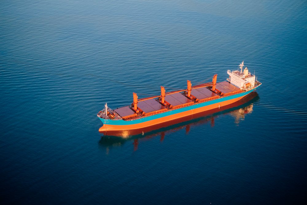 Cargo ship bulk rrier sailing on lm ocean waters at the, Port of Long Beach, CA, USA.