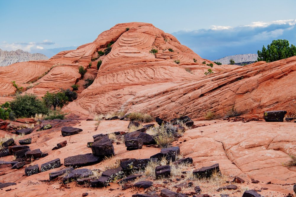 Red rock formations and dry vegetation in red Cliffs Desert State Park, USA under a blue sky with clouds, Snow Canyon, Utah.