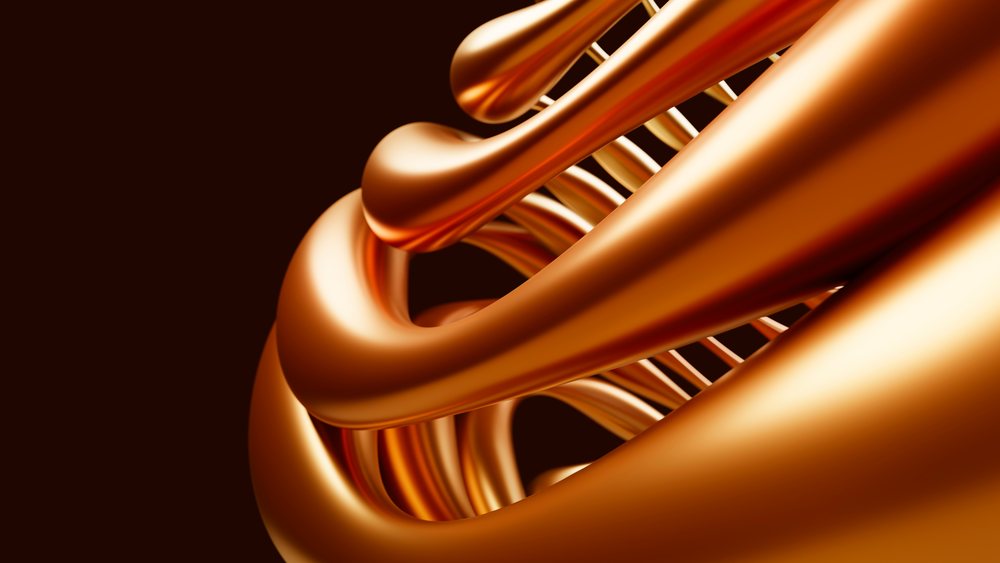 3D rendered DNA helix molecular structure with smooth copper-colored twisted ladder on dark background.