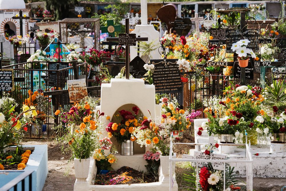 Graves and crosses decorated with colorful flowers and altars for Day of the Dead, San Miguel de Allende, Mexico.