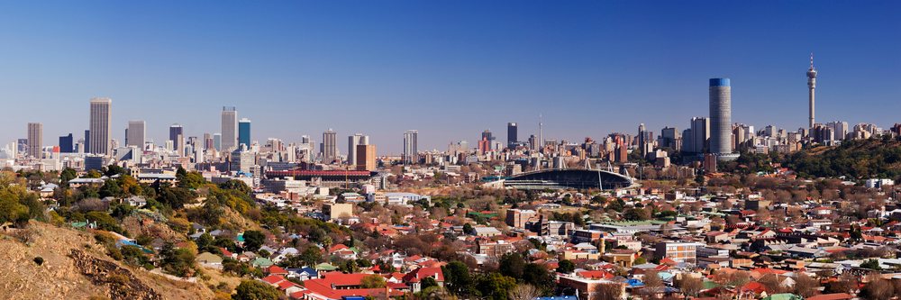 View of Johannesburg city skyline featuring buildings, stadium, and tower from a hillside, Gauteng Province, South Africa.