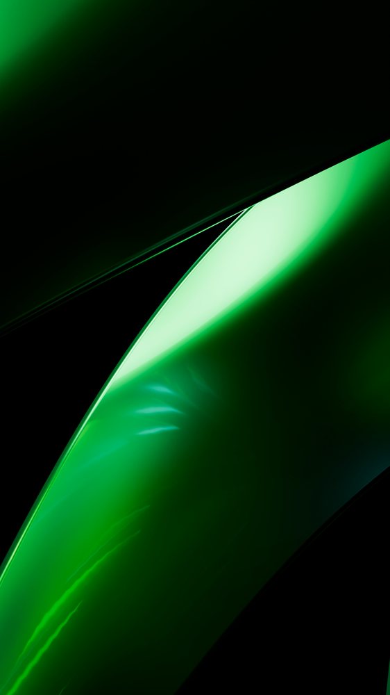 Digital abstract illustration of smooth, shiny green curved shapes on a black background.