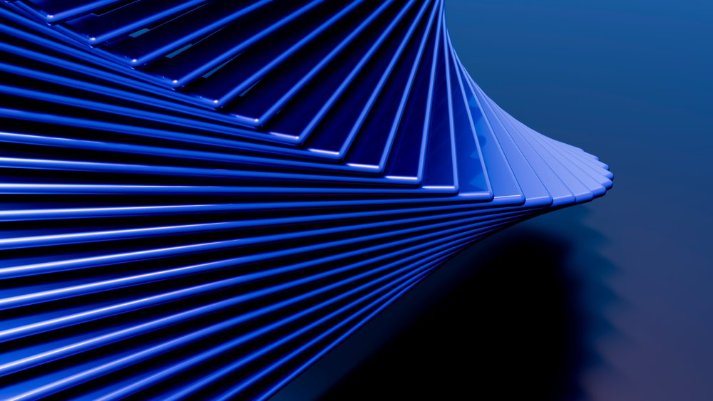 Blue abstract spiral sculpture with curved geometric lines and twisted form against a dark background.