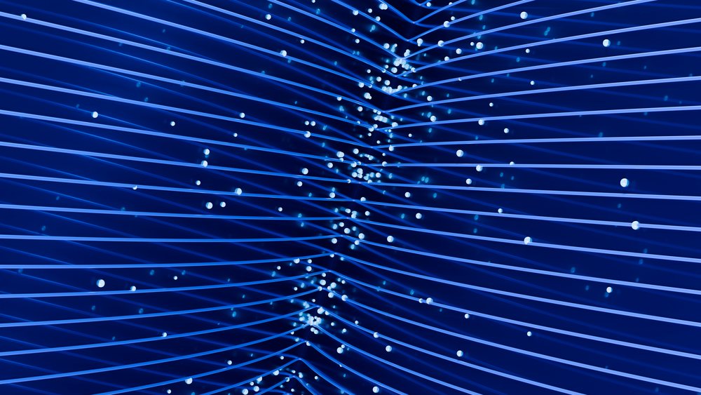 Abstract digital illustration featuring flowing blue curved waves and glowing spherical light dots on a dark blue background.