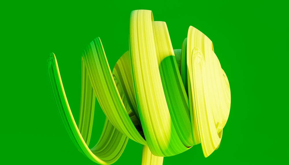 Digital art piece featuring green and yellow abstract swirls on a solid green background.