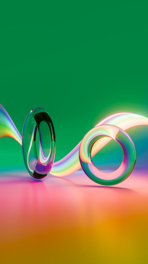 Abstract digital illustration of two transparent glass rings intertwined with colorful flowing ribbons on a green gradient background.