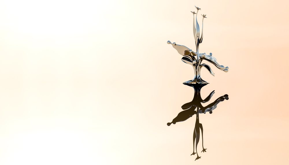 An abstract liquid metal sculpture with smooth reflective surface