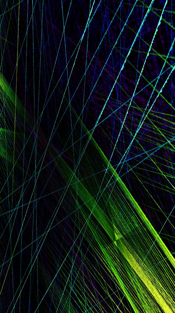 Abstract digital artwork featuring intersecting green and blue lines forming geometric patterns on a dark background.