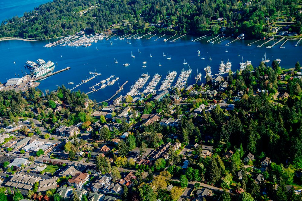 Marina with multiple boats and yachts docked at piers beside a residential neighborhood, Puget Sound, Salish Sea, Bainbridge Island, Eagle Harbor, USA.