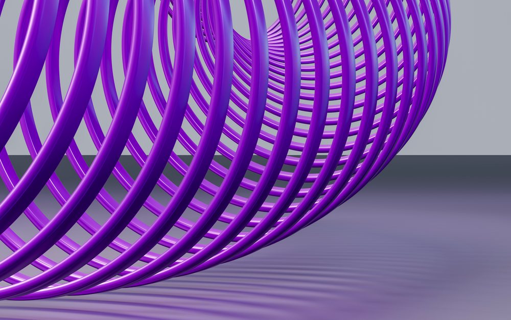 Purple 3D rendered spiral rings forming an abstract geometric pattern with shadows on a smooth surface.