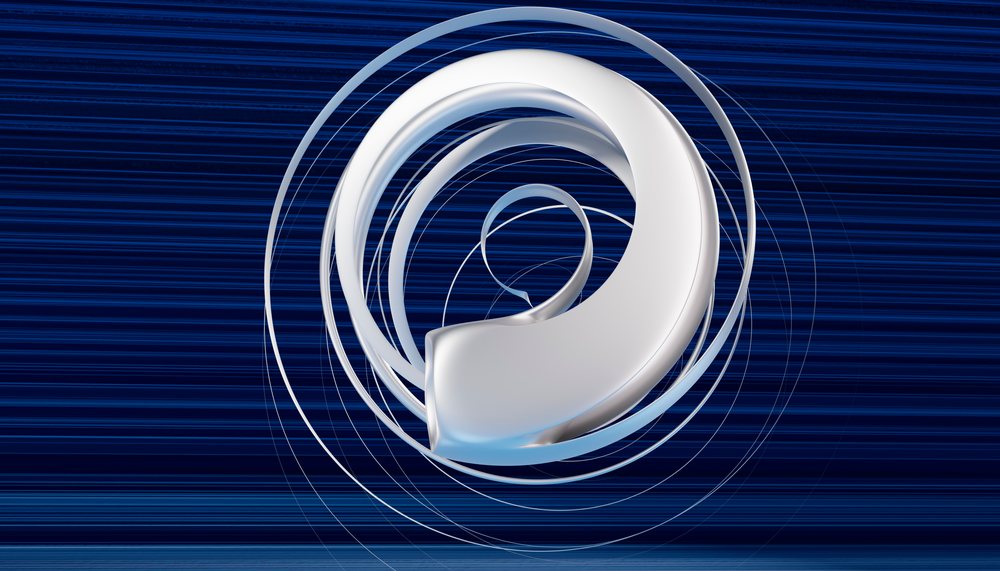 White spiral abstract 3D shape with smooth curves on a blue striped background.