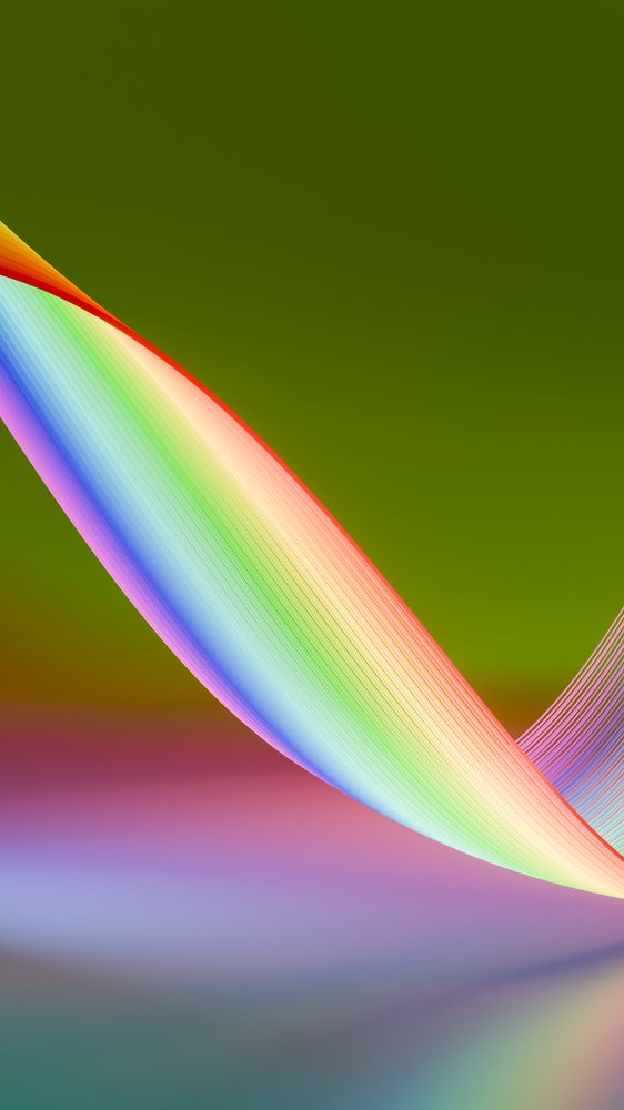 Digital illustration of colorful abstract curved ribbons flowing smoothly on a green gradient background.