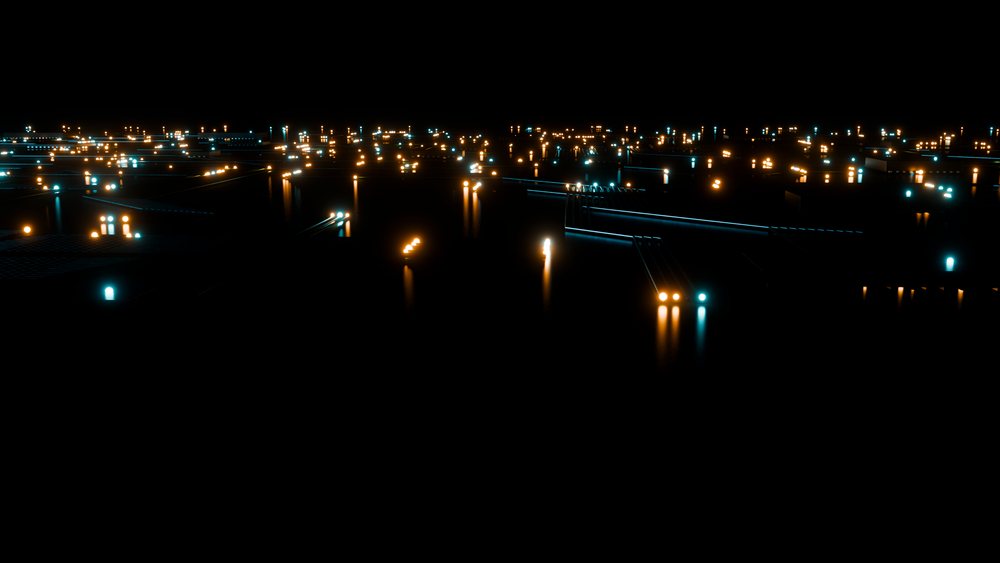 Blue and orange glowing lights form an abstract digital circuit pattern on a dark reflective surface.
