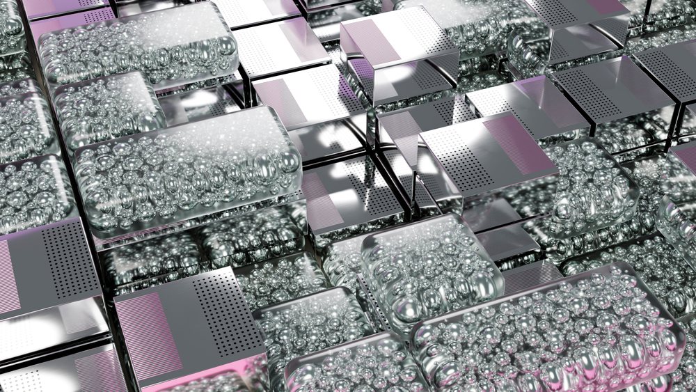 Digital 3D illustration showing a geometric pattern of metallic cubes and bubbled glass blocks with reflective surfaces.