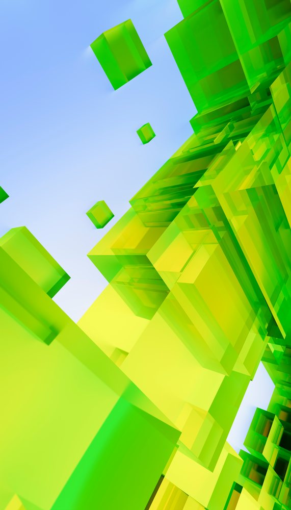 Green and yellow transparent 3D cubes floating and interlocking against a soft light blue background in an abstract digital art composition.