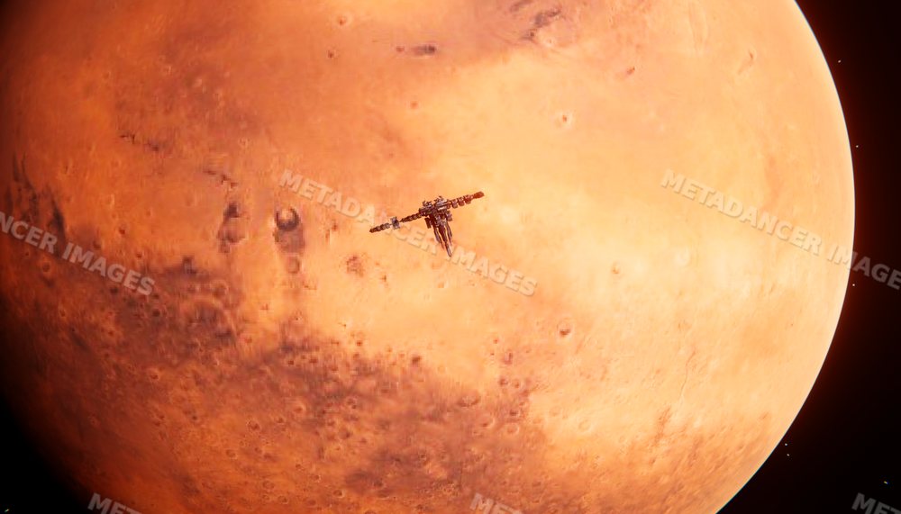A spacecraft orbiter flying above a red planet in outer space