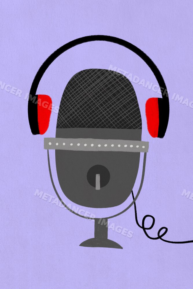 Digital illustration of a microphone with headphones on purple