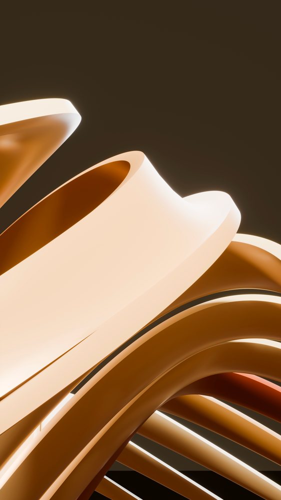 Digital illustration showing multiple smooth curved tan, brown, and orange ribbons forming glossy looping abstract shapes.