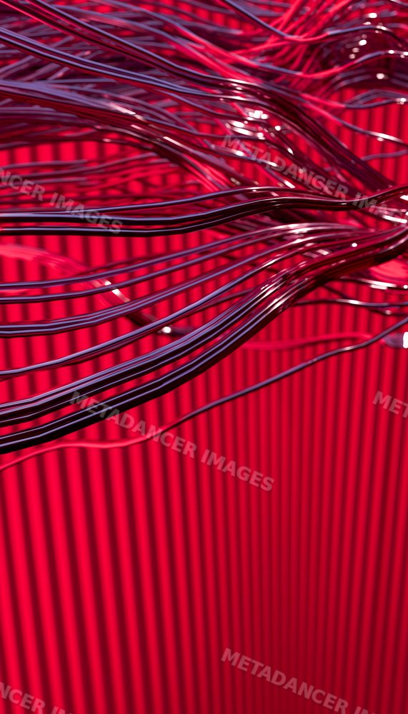 Shiny metal wires create an abstract design against a red striped