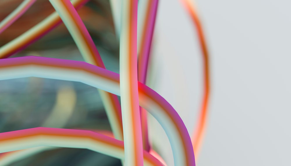 Abstract composition of colorful curved tubular shapes with neon glow and soft gradients in a minimalist digital design.