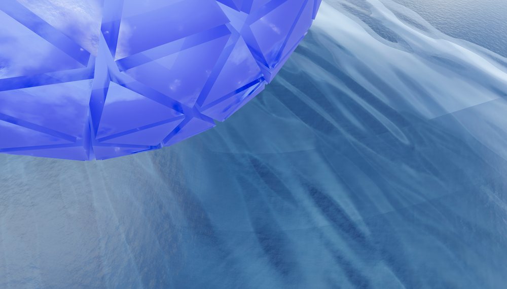 Blue geometric crystal-like structure with transparent facets and reflected light on a smooth blue background.