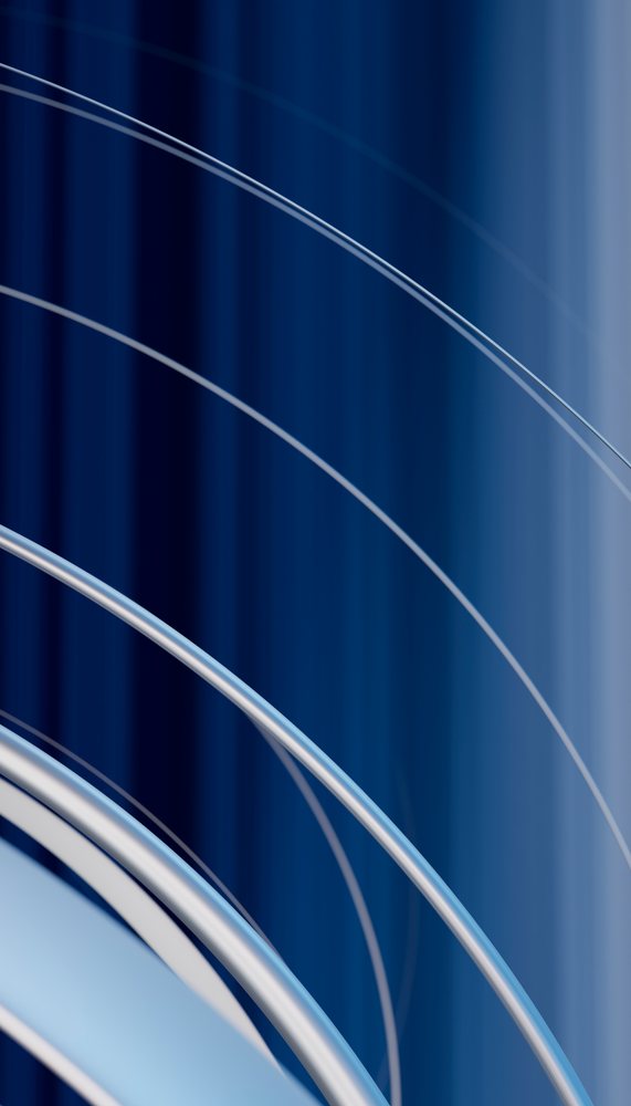 Abstract composition of curved metallic silver rings against a gradient blue background.
