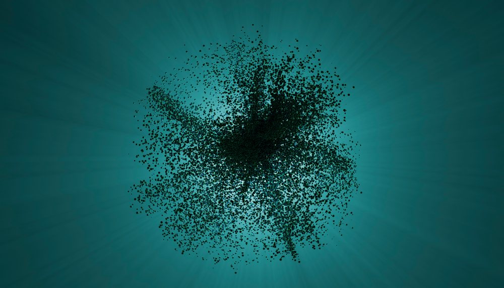 Abstract cluster of black particles forming organic shapes on a blue gradient background.