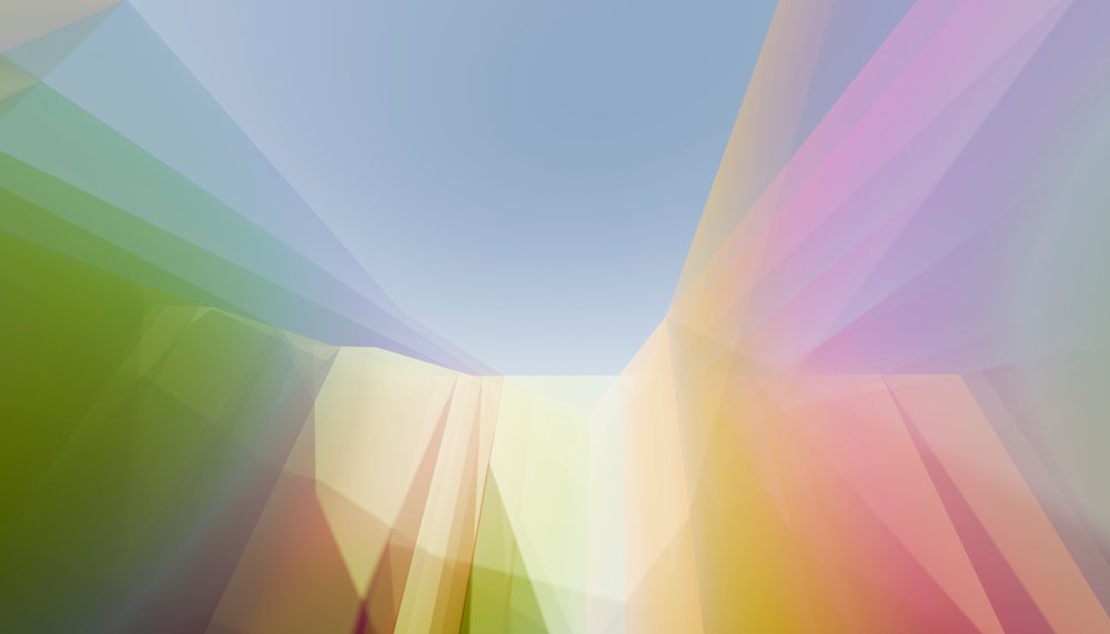 Abstract digital art featuring colorful overlapping light rays and geometric shapes on a soft blue gradient background.