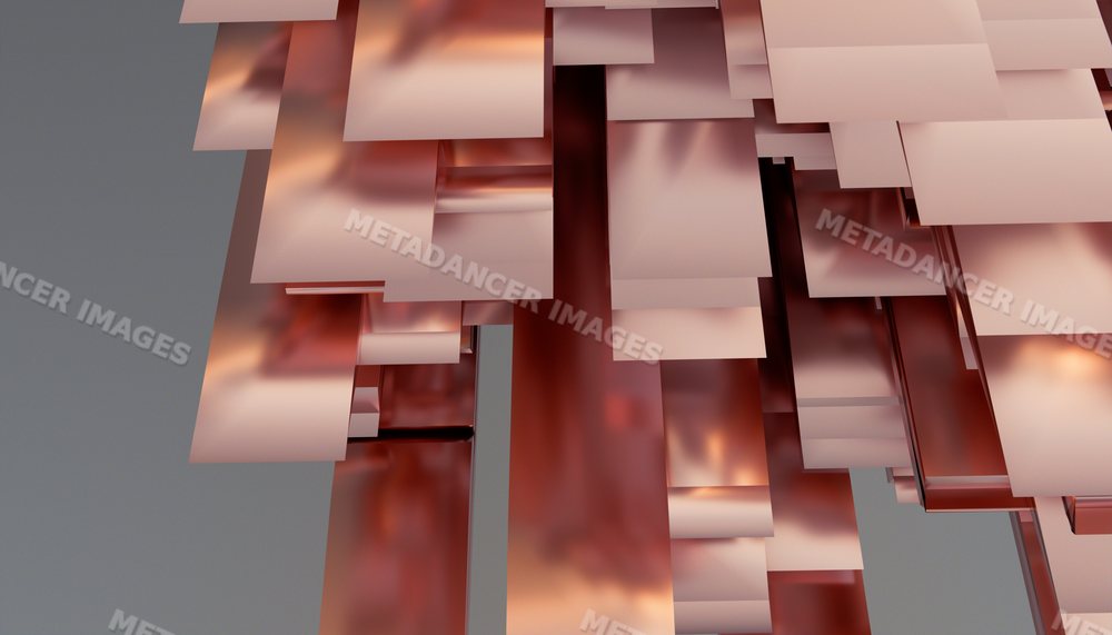 Abstract modern sculpture of overlapping metallic rectangular panels