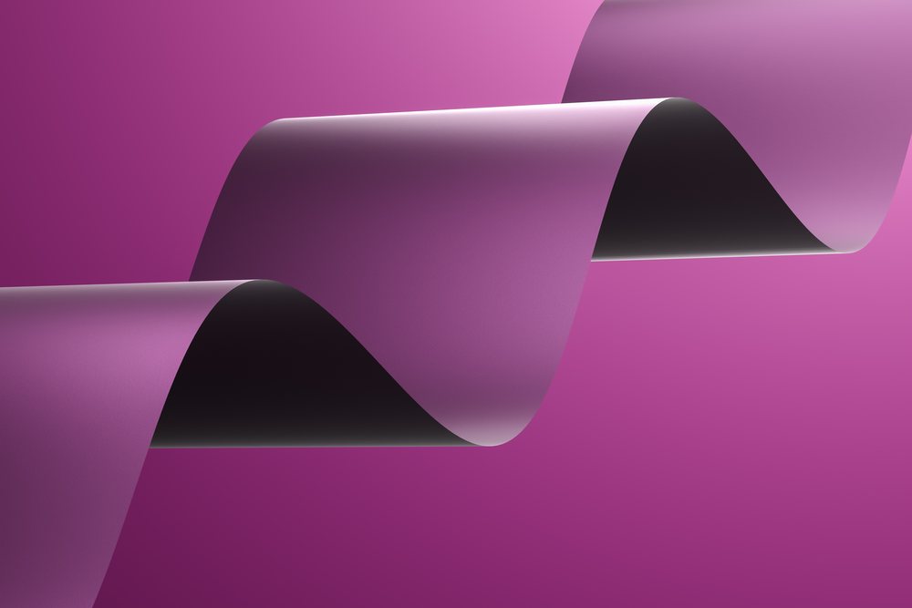 Purple curved ribbon forming wave shapes against a smooth purple abstract render background.
