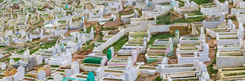 Moslem cemetery with numerous tombstones on a hillside near the Marinid Tombs, Landscape, Lifestyle, Fes, Fes-Mekners Administrative Regio, Morocco.