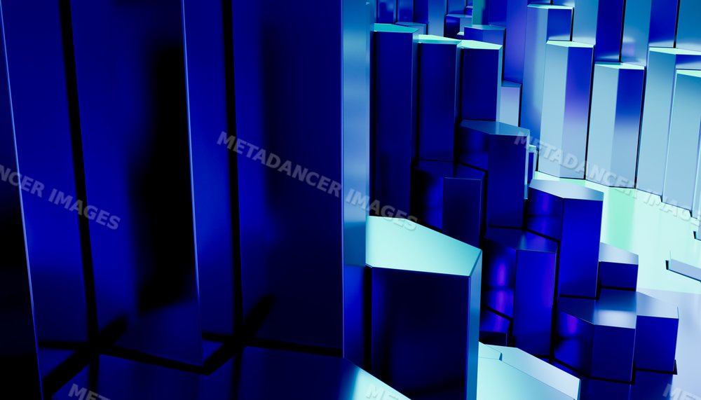 Blue 3d hexagonal columns arranged in an abstract geometric pattern