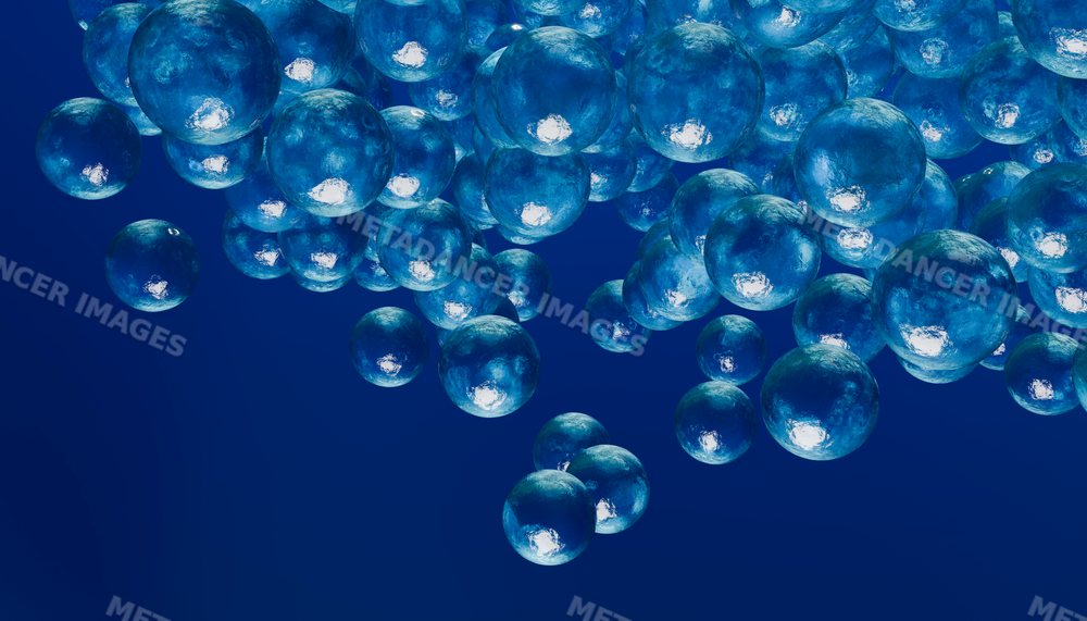A digital rendering of multiple transparent blue spheres floating