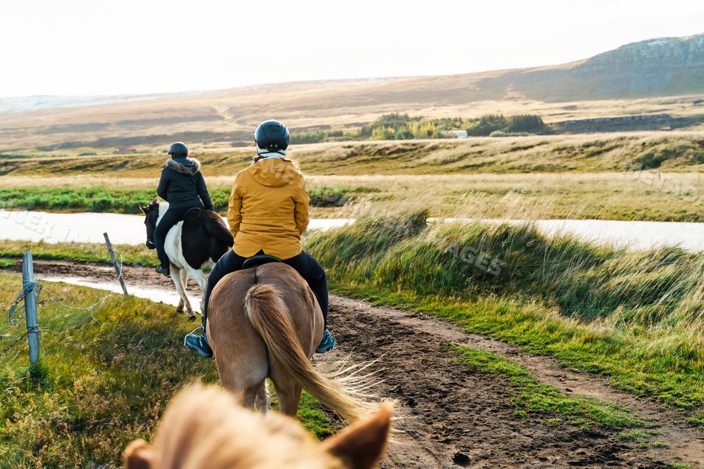 Two riders enjoying horseback trail riding along a river