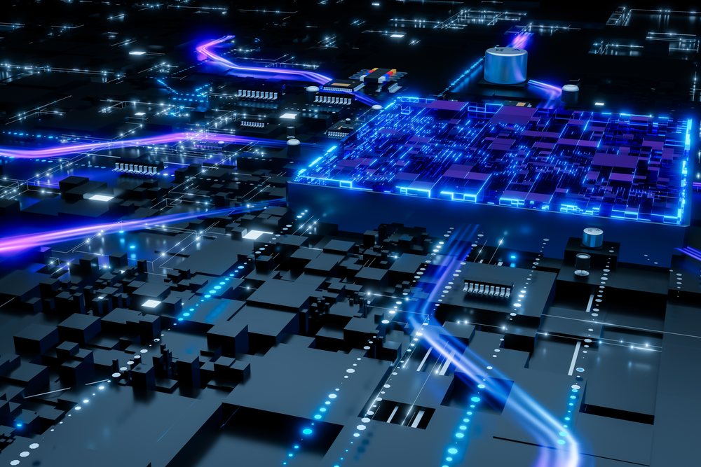 Abstract rendering of a futuristic digital circuit with glowing blue lines indicating data flow, abstract render background.