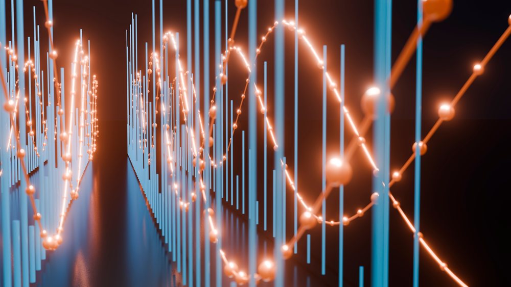3D digital illustration showing glowing orange lines with blue vertical bars and spheres forming a wave pattern on a dark background.