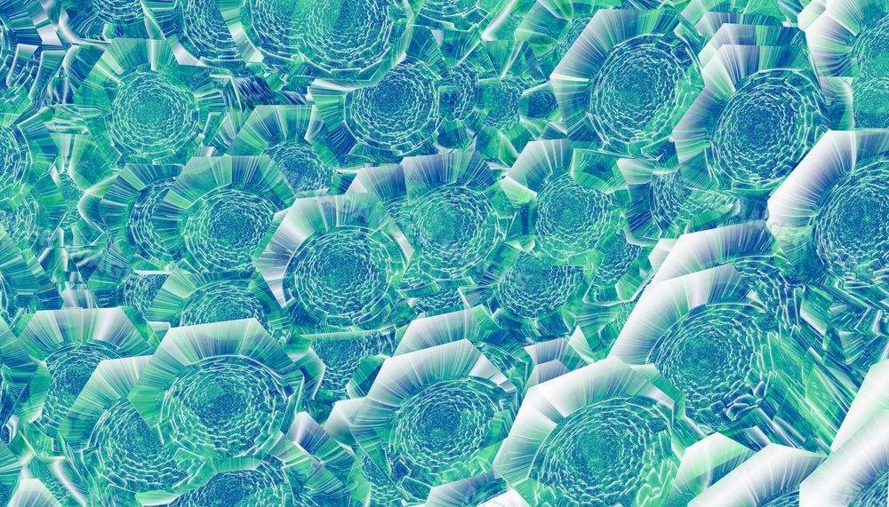 Abstract digital art with blue and green concentric octagonal patterns