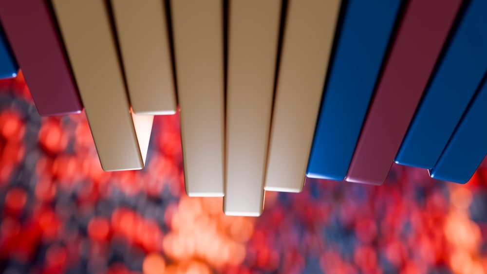 Close-up digital illustration of colorful piano keys in black, white, blue, and purple on a keyboard against an abstract blurred background.