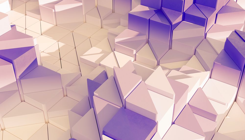 3D digital render showing pastel-colored triangular and cuboid blocks arranged in a smooth, repetitive geometric pattern with shadow and light depth, abstract render background.
