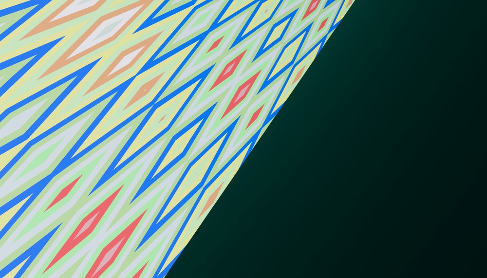 abstract geometric pattern with colorful diamond shapes and blue outlines on a dark green background.