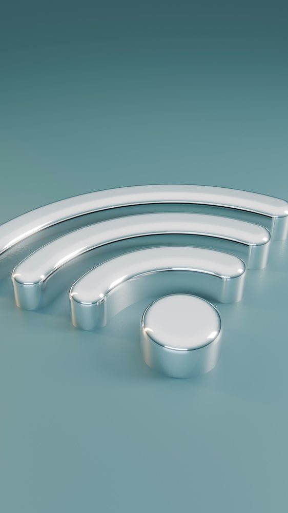 3D rendered silver wifi symbol on a blue solid background representing wireless network connectivity.