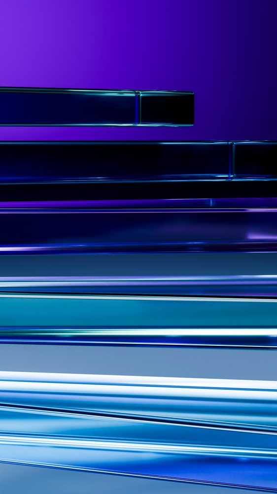 Abstract illustration of horizontally layered blue transparent glass bars against a purple gradient background.