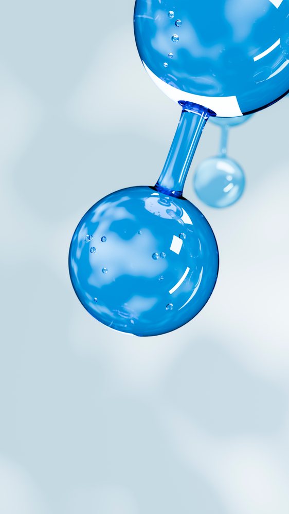 Blue molecular structure showing spherical atoms connected by chemical bonds in a 3D scientific illustration.