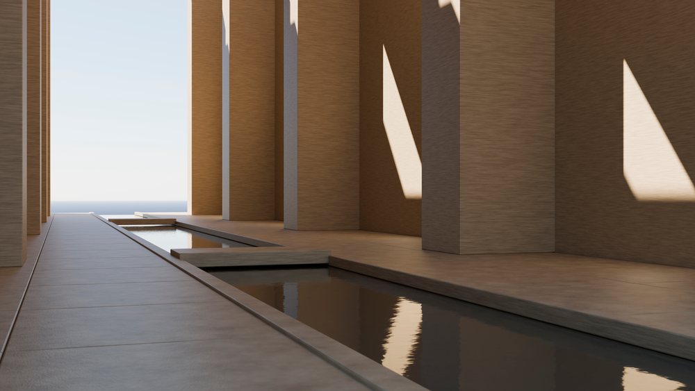 Modern architectural space features reflective water pools and large concrete pillars with sunlight casting geometric shadows.