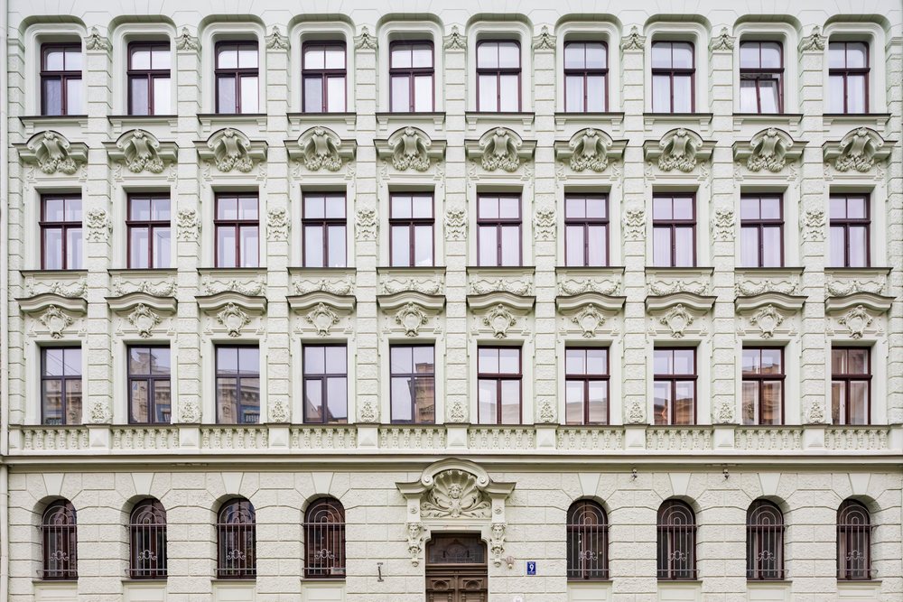 Multi-story Art Nouveau building facade, cityscape, Riga, Latvia, Baltic States.