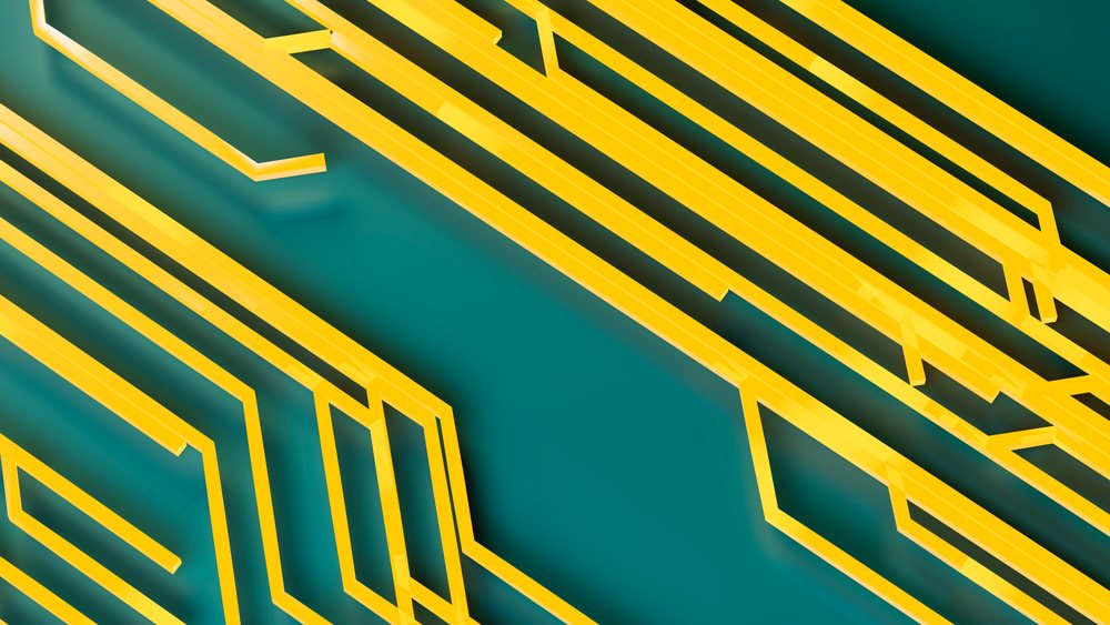 Abstract geometric composition with yellow diagonal linear shapes on a smooth green background showing a modern 3D effect.