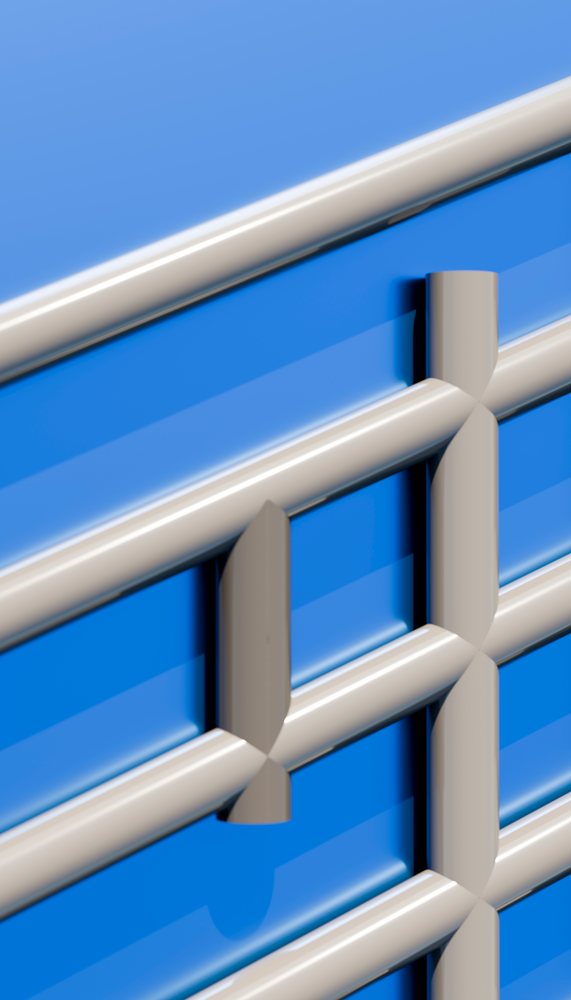 White horizontal plastic window blinds partially open against a blue background.